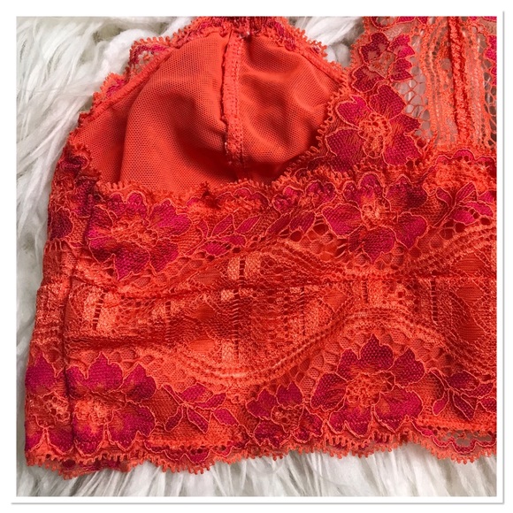 Free People Racerback Lace Bralette Orange & Hot Pink Floral Lace Size XS - Picture 7 of 9